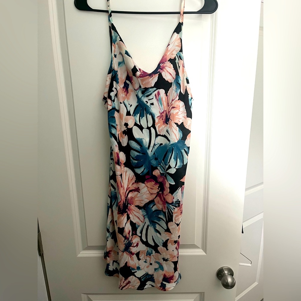 Floral dress black with light pink flowers and palm leaves. Worn once!